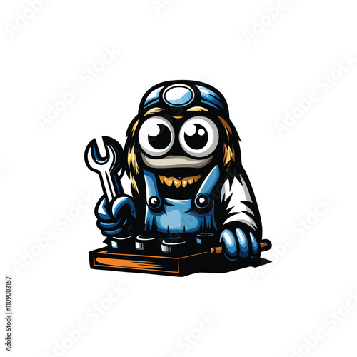 A friendly, cartoon monster mechanic, with one visible eye, diligently repairs a car engine, showcasing tools and grease.