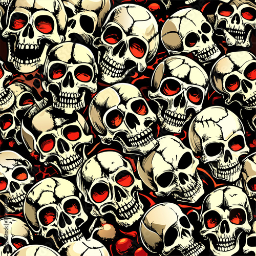 Grim Pile of Human Skulls with red eye sockets Set Against a Dark Backdrop.