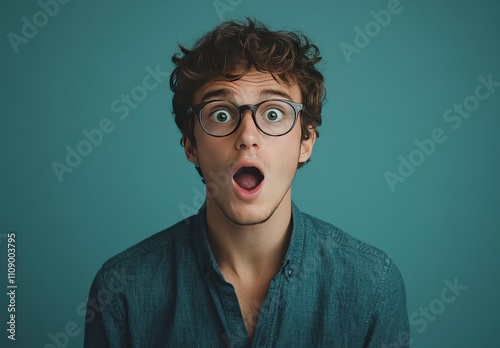 Closeup portrait of a young shocked surprised expression man with glasses photo