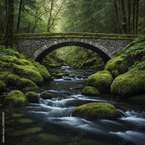 A moss-covered stone bridge crossing a serene river in a European forest.

 photo