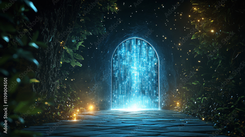 Obraz premium Science fiction door in parallel worlds. Door in tunnel with digital data center light signals. Future cyber gate in cyberspace or metaverse. Fantasy cyber portal or doorway in future virtual city.