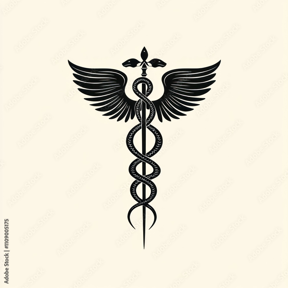 Fototapeta premium Classic medical symbol with wings and a serpent emblem.