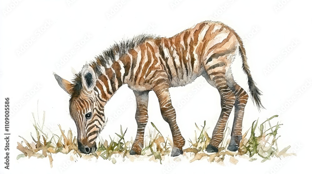 Obraz premium a watercolor painting of a baby zebra grazing in the grass, with its brown and black stripes standing out against the white background