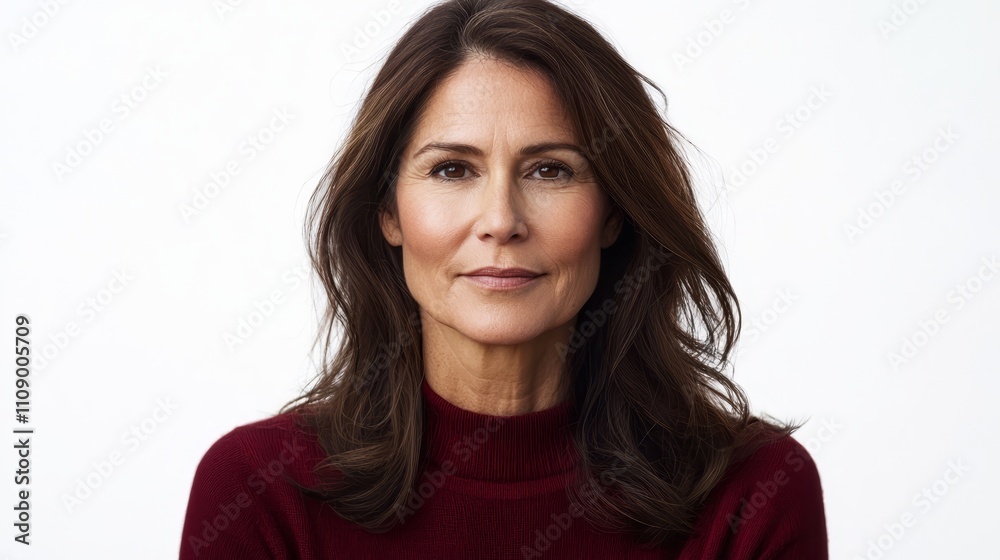Fototapeta premium a woman with long brown hair wearing a maroon turtleneck sweater against a white background