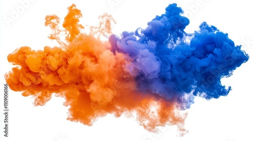  an orange and blue smoke cloud on a white background, creating a vivid contrast between the two colors The smoke appears to be suspended in mid-air, giving the imp