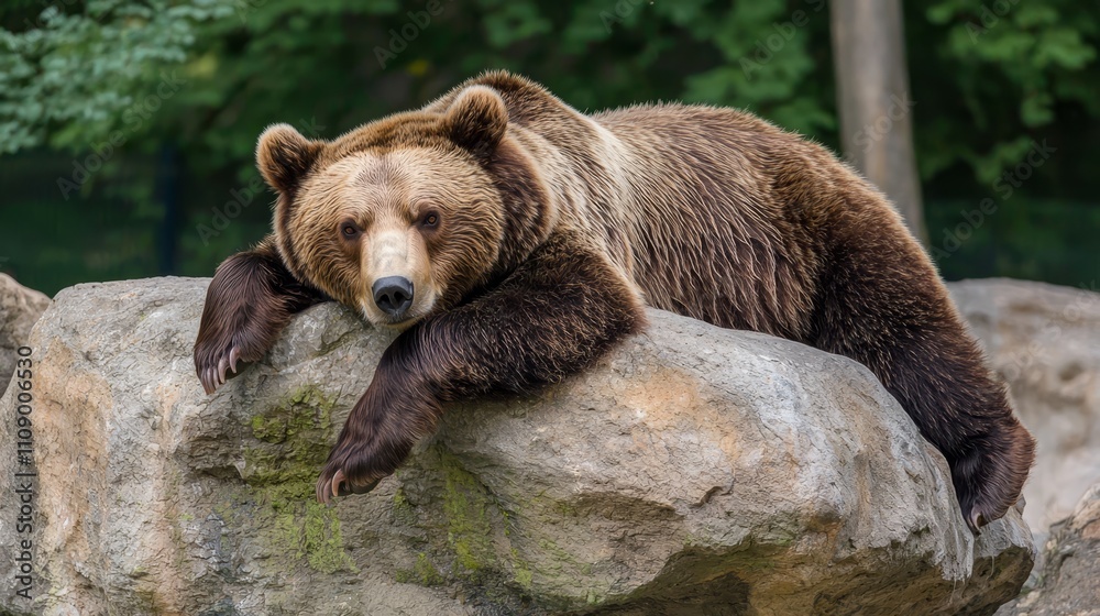 Obraz premium a brown bear laying on top of a rock surrounded by trees in the background