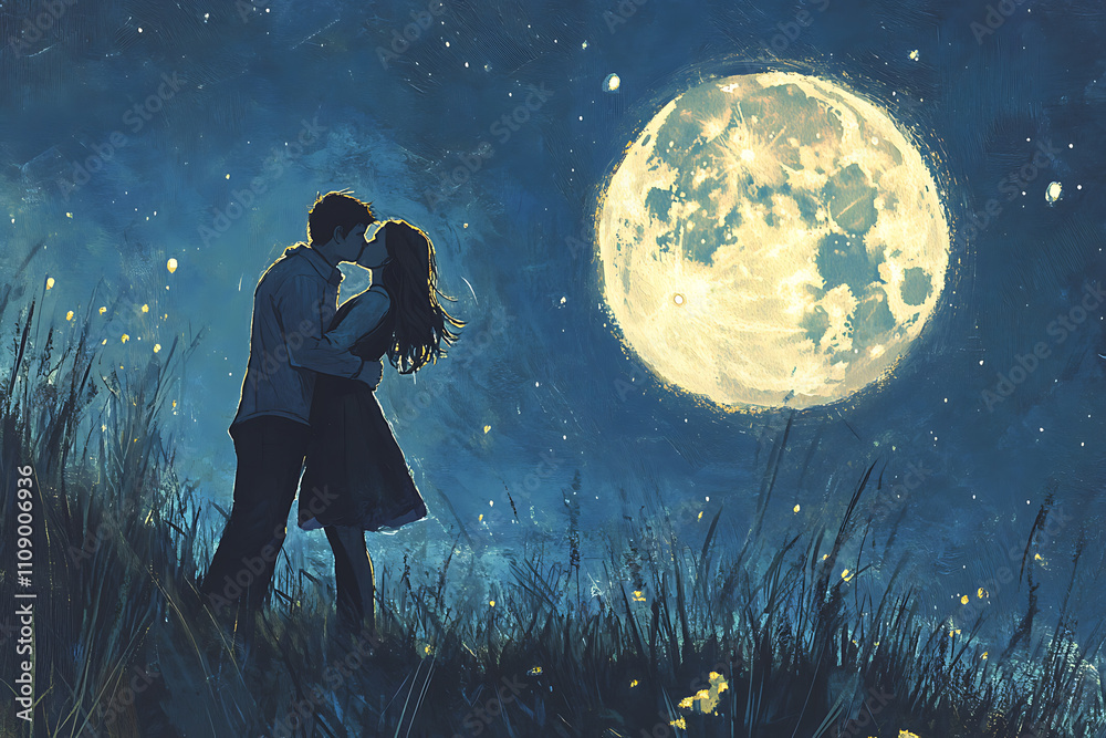 Obraz premium A romantic scene under a full moon, featuring a couple sharing a kiss in a serene landscape.