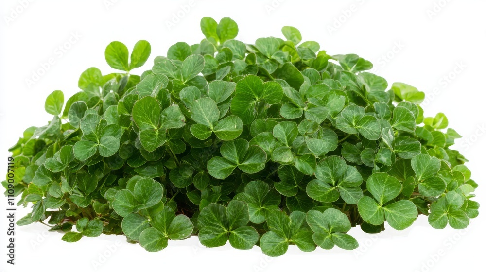 Obraz premium a pile of green clover leaves on a white background The leaves are vibrant and lush, and the white background provides a stark contrast to the vivid green of the c