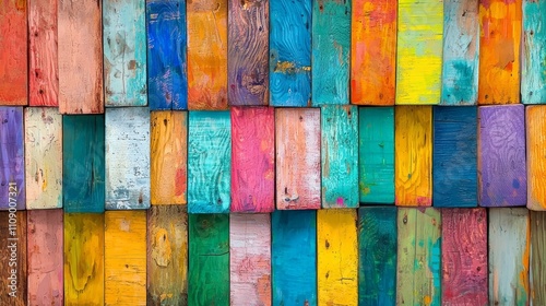  a colorful wooden wall with a variety of wooden planks arranged in a pattern The planks are painted in a range of colors, including blues, greens, yellows, and red photo