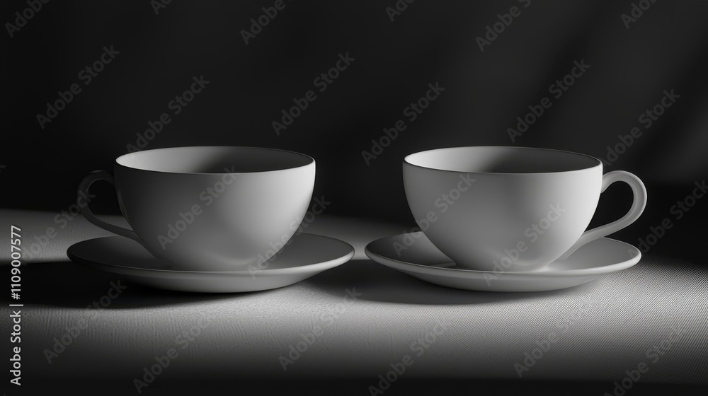 two white coffee cups and saucers sitting on top of a table The cups have a glossy finish and the saucer has a slightly raised edge The table is a light wood colo two white coffee cups and saucers sitting on top of a table The cups have a glossy finish and the saucer has a slightly raised edge The table is a light wood colo