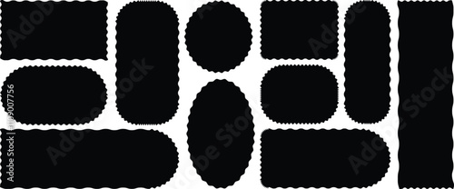 Scallop frames set. Rectangle shape frame with zigzag edge. Frames with zigzag, Tags, labels, stamps, crackers, coupons rectangle boxes with curvy, wavy edges isolated. Wave and curvy border shape