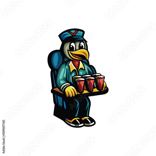 A cheerful cartoon bird, dressed as a flight attendant, politely serves a beverage to a smiling doctor on an airplane.