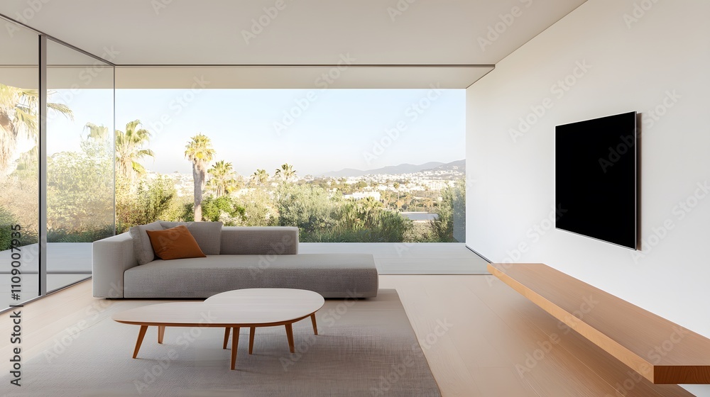 Fototapeta premium Innovative modern home with clean lines, neutral shades, and expansive outdoor views, 3D rendering