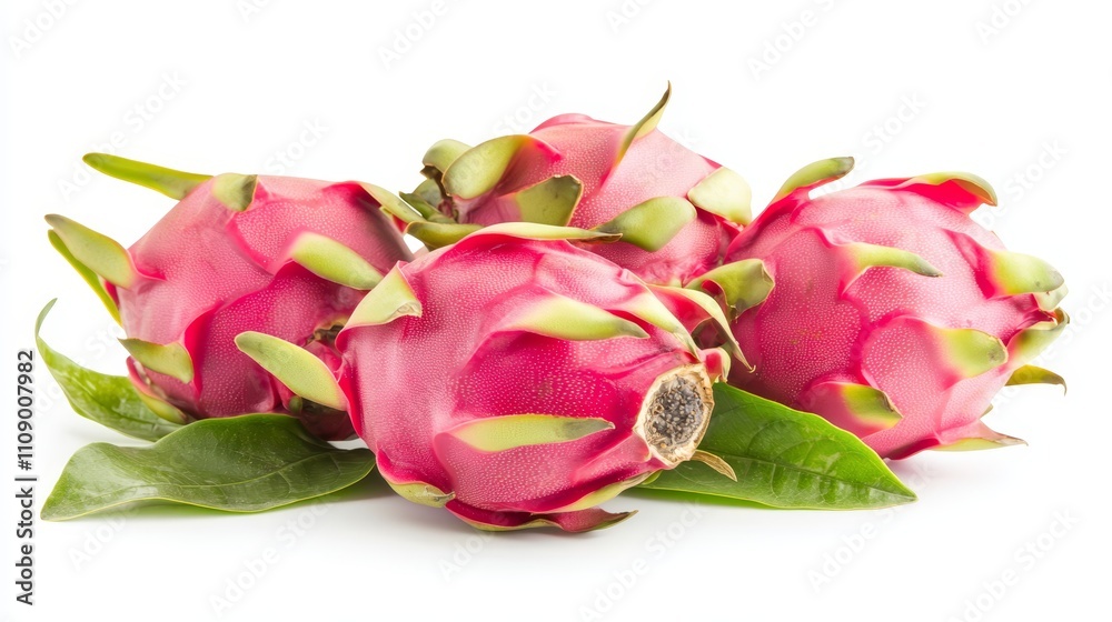 Fototapeta premium three dragon fruit with green leaves on a white background The dragon fruit is a vibrant pink color and the leaves are a deep green The white background provides