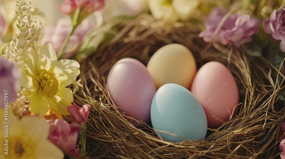 Obraz premium a nest filled with colorful Easter eggs and flowers, with a blurred background