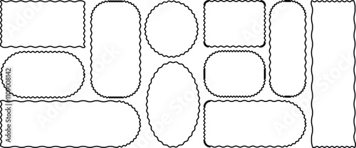 Scallop frames set. Rectangle shape frame with zigzag edge. Frames with zigzag, Tags, labels, stamps, crackers, coupons rectangle boxes isolated. Wave and curvy border shape