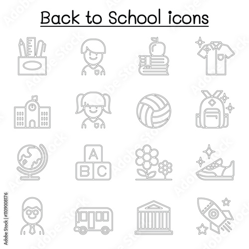 Back to school, education, kindergarten, learning icon set in thin line style