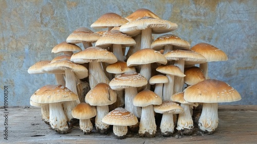  a group of Pholiota squarrosa mushrooms sitting on top of a wooden table in front of a wall The mushrooms have a white cap with brown spots, and the table is a lig photo