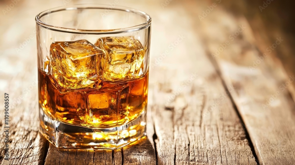 a glass of whiskey with ice cubes on a wooden table The glass is filled with a golden-brown liquid, likely whiskey, and the table is a warm, natural wood color Th a glass of whiskey with ice cubes on a wooden table The glass is filled with a golden-brown liquid, likely whiskey, and the table is a warm, natural wood color Th