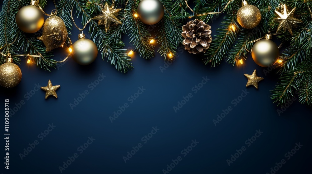 a Christmas tree adorned with gold and silver ornaments and lights against a dark blue background The tree is decorated with leaves, balls, stars, and other festiv a Christmas tree adorned with gold and silver ornaments and lights against a dark blue background The tree is decorated with leaves, balls, stars, and other festiv