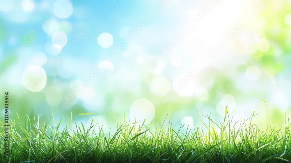 Obraz premium a lush green grass field with a bright blue sky in the background, creating a beautiful and peaceful atmosphere