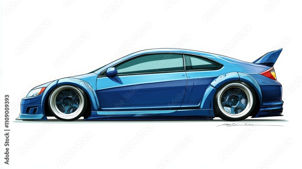 Fototapeta premium a blue Honda Civic Type R on a white background The car has a sleek and aerodynamic design, with a low profile and a wide stance The blue color stands out against