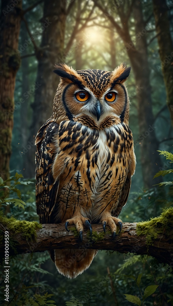 Fototapeta premium The Wise Owl of the Ancient Forest in a mystical card illustration.