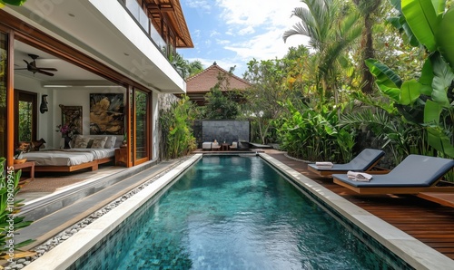 Luxurious villa with private pool, tropical garden, modern design, serene atmosphere, spacious bedroom, outdoor lounging area