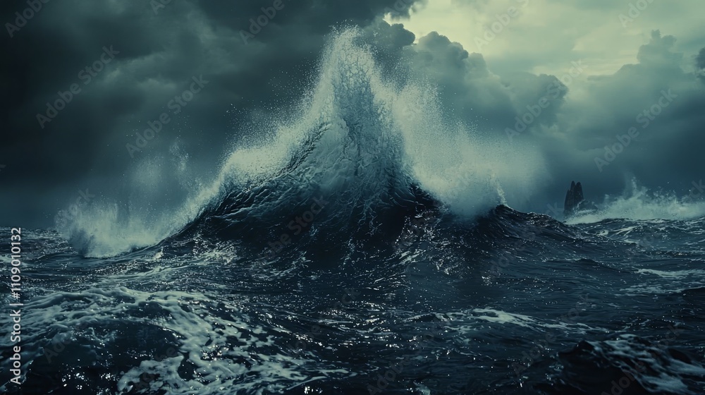 a large wave crashing in the ocean under a cloudy sky The water is turbulent and the sky is filled with dark, ominous clouds The resolution of the image is 1920x1 a large wave crashing in the ocean under a cloudy sky The water is turbulent and the sky is filled with dark, ominous clouds The resolution of the image is 1920x1