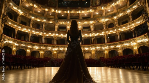 A grand opera performance, with a soprano singer taking center stage in a beautifully decorated theater