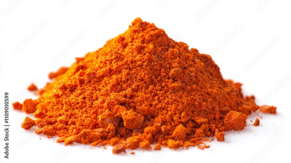 a pile of vibrant red turmeric powder on a pristine white background, creating a striking contrast between the two colors The turmeric is known for its many health a pile of vibrant red turmeric powder on a pristine white background, creating a striking contrast between the two colors The turmeric is known for its many health