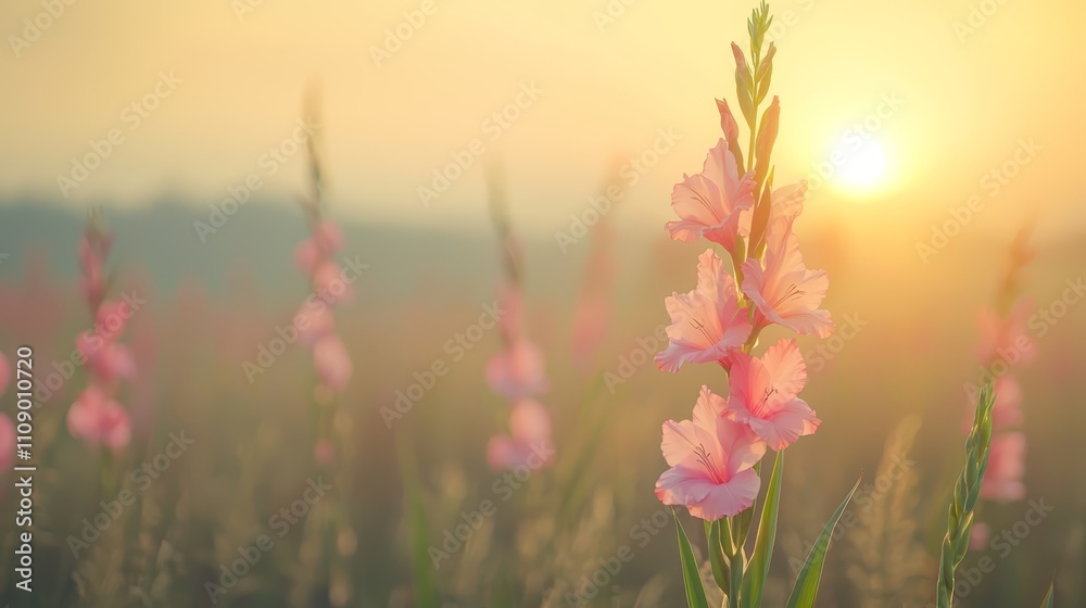 Obraz premium a field of pink gladiolus flowers with the sun setting in the background, creating a beautiful and peaceful atmosphere
