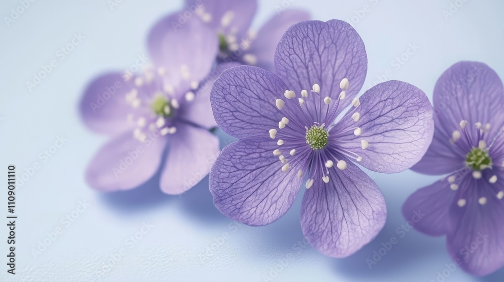 Obraz premium three purple hepatica flowers on a blue background The flowers have a vibrant purple hue and are arranged in a symmetrical pattern The background is a deep blue c