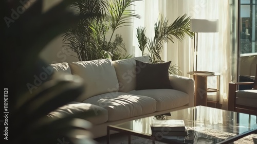  a living room with a white studio couch  a chair  a coffee table with books on it  a carpet on the floor  houseplants  a lamp on a stool  curtains  and a glass door