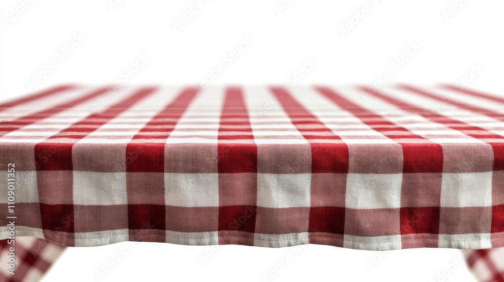 Fototapeta premium a red and white checkered tablecloth on a white background, creating a striking contrast between the two colors The tablecloth is made of a cloth material, giving