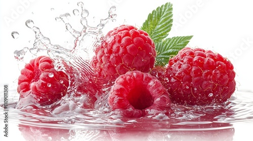  raspberries with water splashing on them, set against a white background The vibrant red color of the berries stands out against the stark white of the background,