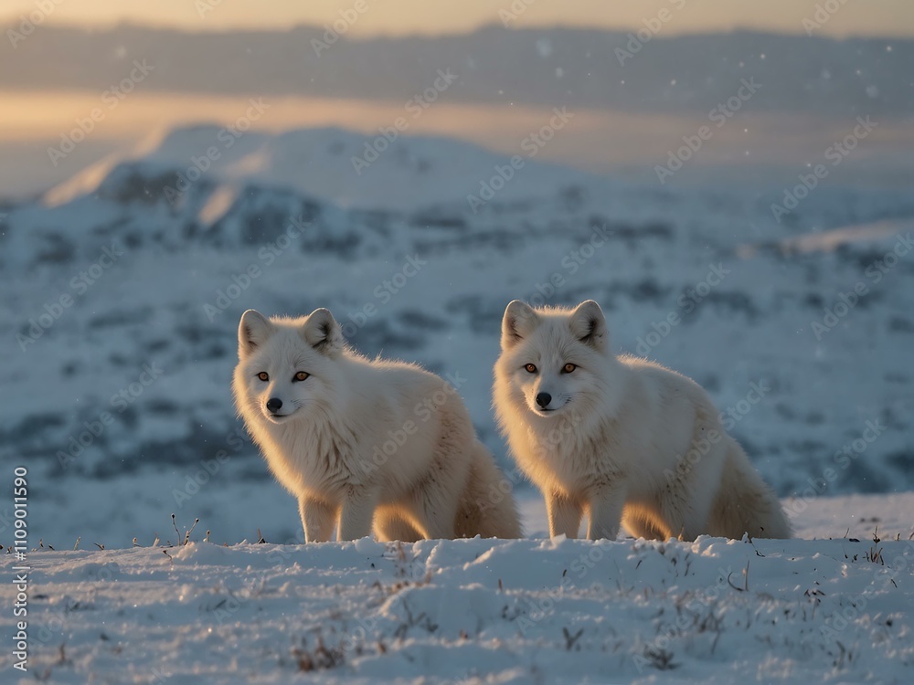 Naklejka premium Three Arctic foxes on a snowy hill.