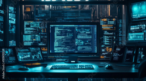 Wallpaper Mural Software, web development, programming concept. API Program code in Development environment on screen PC. Desk or workplace of programmer. Online Coding workshop. Text of program on display computer. Torontodigital.ca