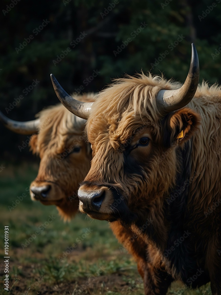 Three bull heads with varying fur and horn colors against black. Three bull heads with varying fur and horn colors against black.