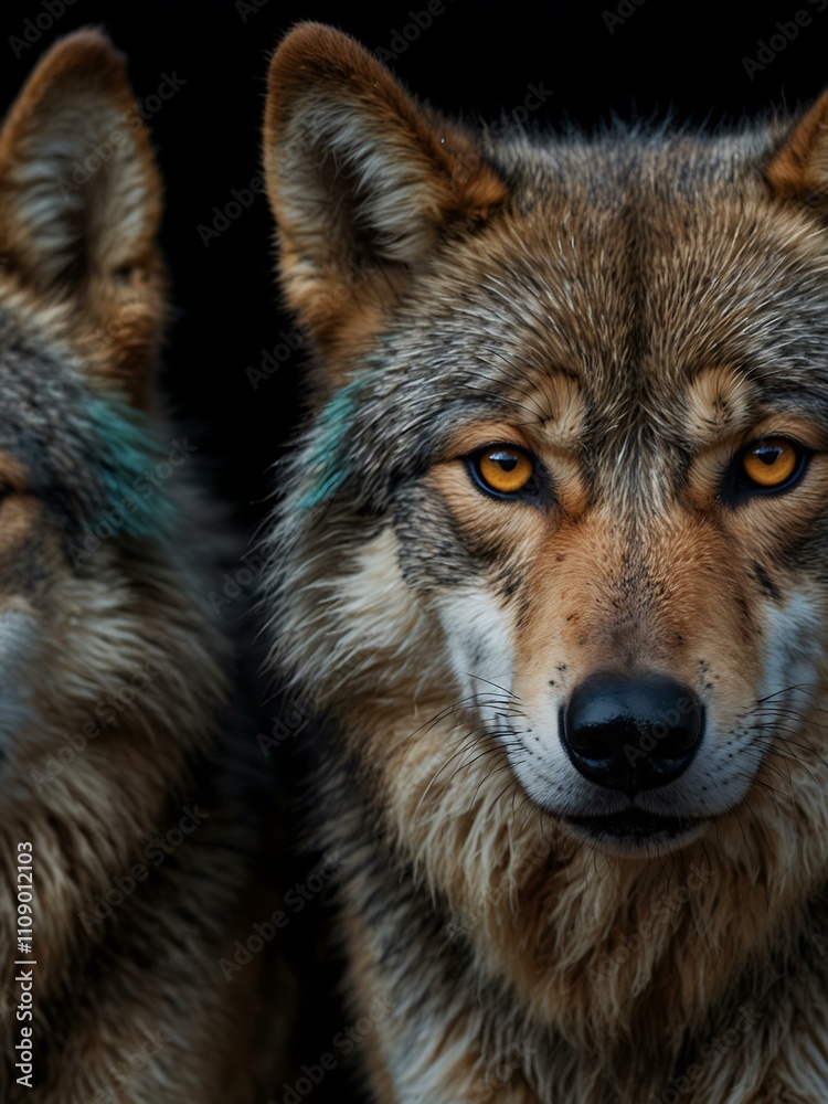 Fototapeta premium Three colorful wolf heads arranged horizontally against black.
