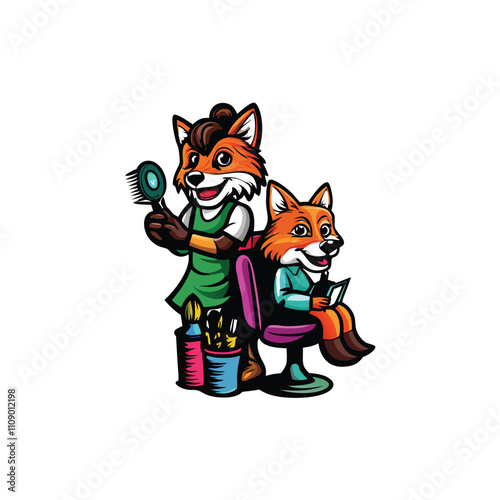 A cunning fox, wearing stylish overalls, playfully cuts a client's hair in a whimsical salon setting.