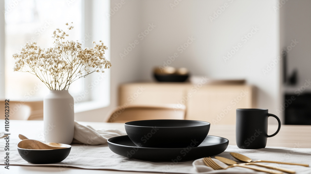 A minimalist and modern table setting with a focus on clean lines and simple forms. A minimalist and modern table setting with a focus on clean lines and simple forms.