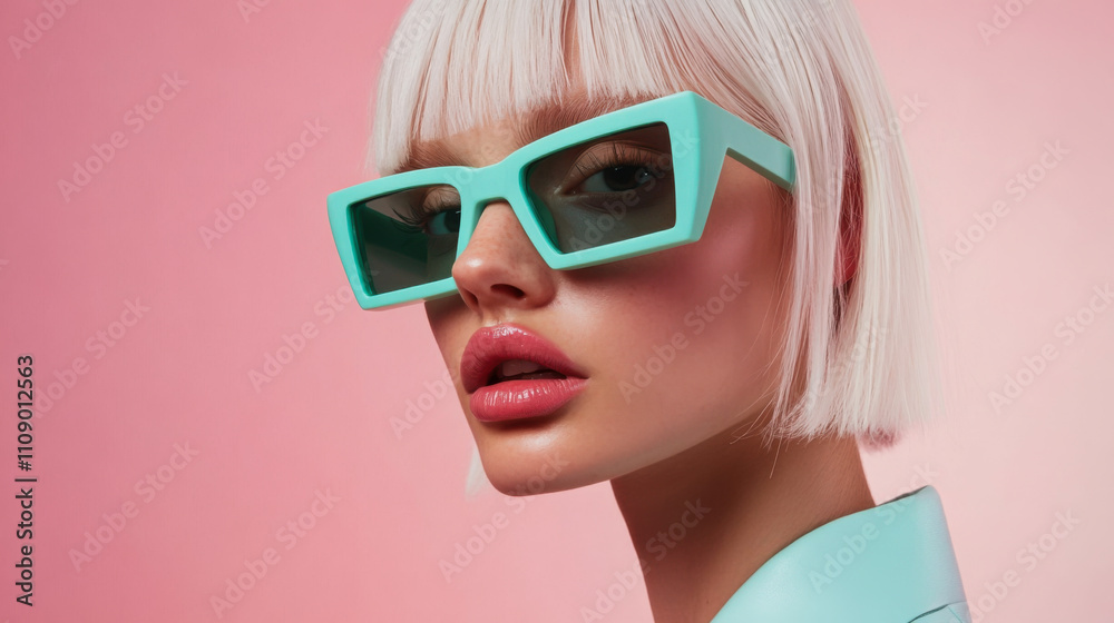 Model poses stylishly with mint green sunglasses against a pastel pink background in a trendy fashion shoot Model poses stylishly with mint green sunglasses against a pastel pink background in a trendy fashion shoot