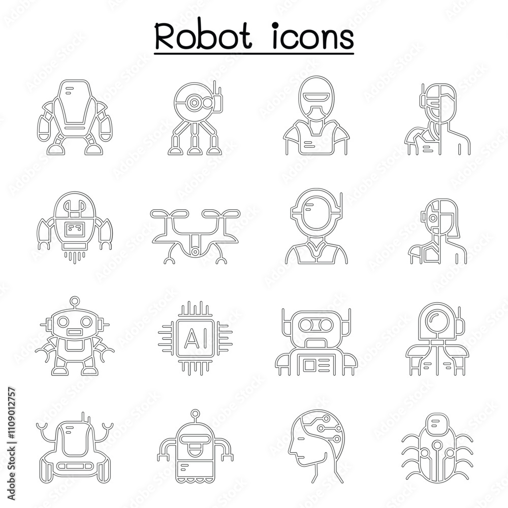 Fototapeta premium Robot icon set in thin line style