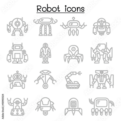 Robot icon set in thin line style