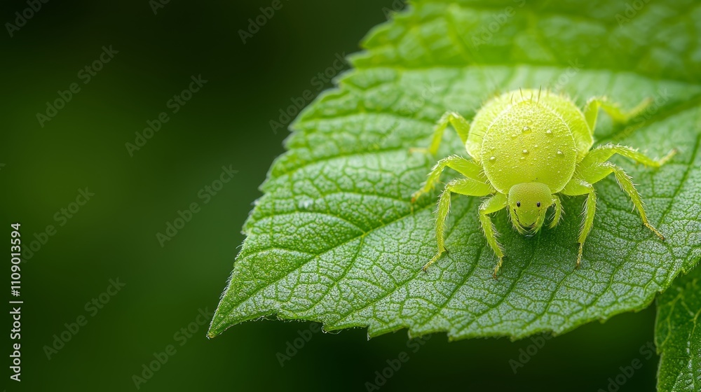 Fototapeta premium a green spider perched atop a green leaf, its vibrant color standing out against the blurred background
