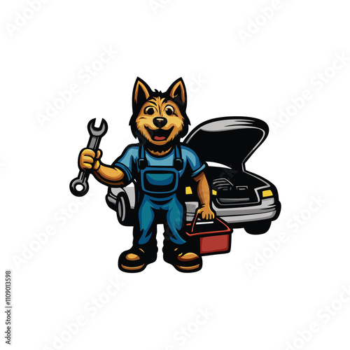 A cheerful golden retriever wearing a grease-stained mechanic's uniform, beaming broadly, holds a wrench.