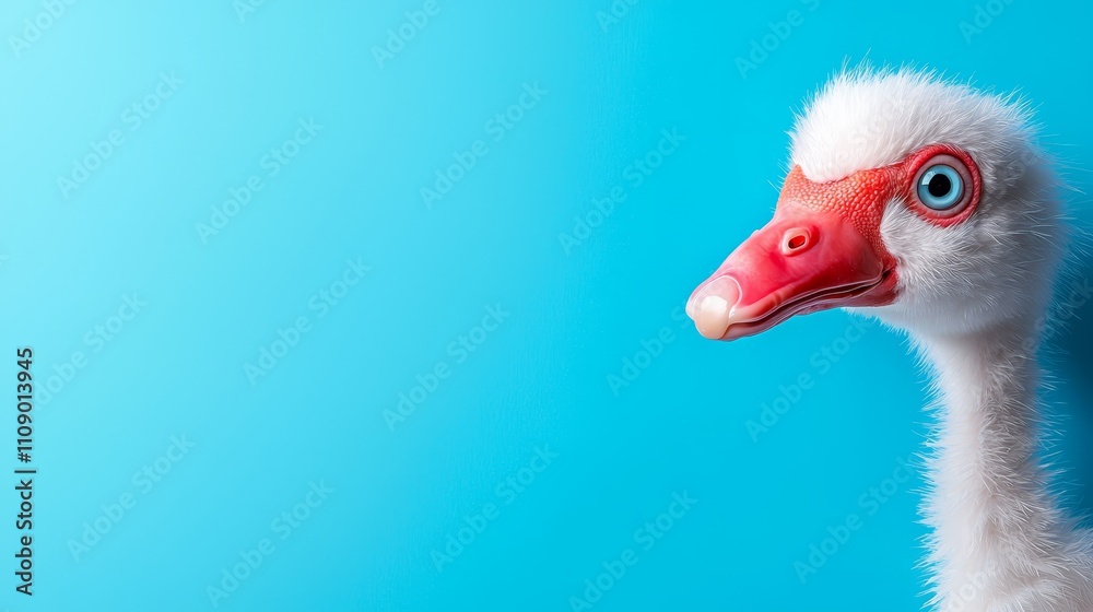 Fototapeta premium a close up of a white ostrich with a red beak against a blue background Its feathers are soft and fluffy, and its eyes are bright and alert The background is a de