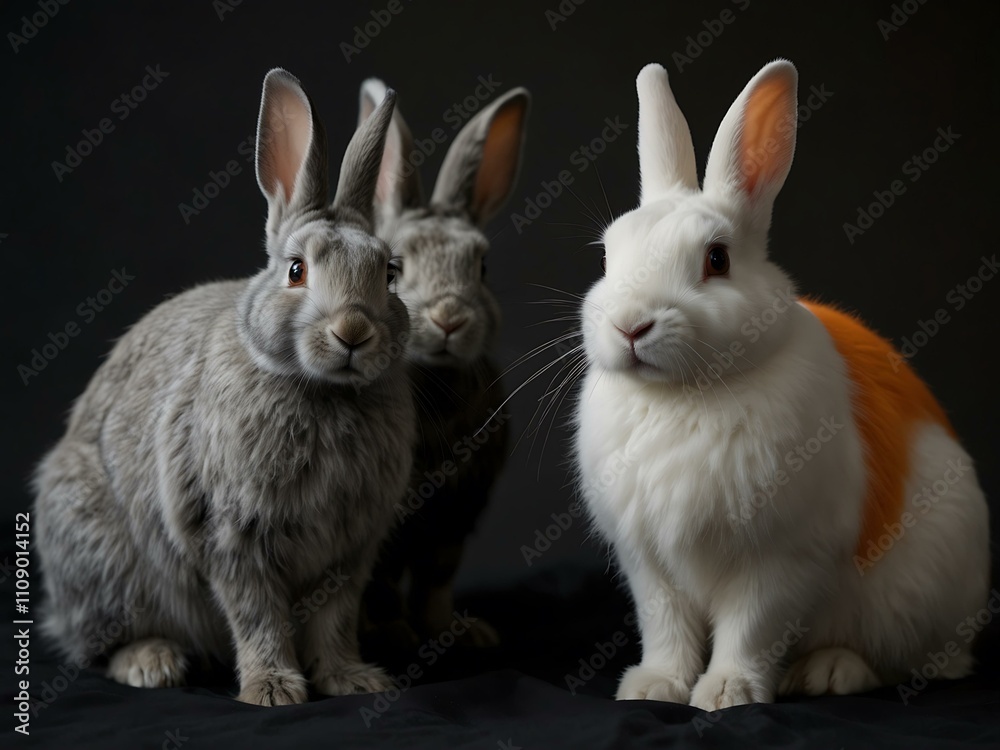 Fototapeta premium Three rabbits, one grayscale, one colorful, and one in orange, set against black.