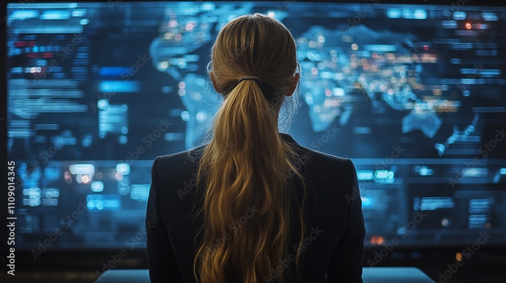 Woman viewing global data on a large screen.